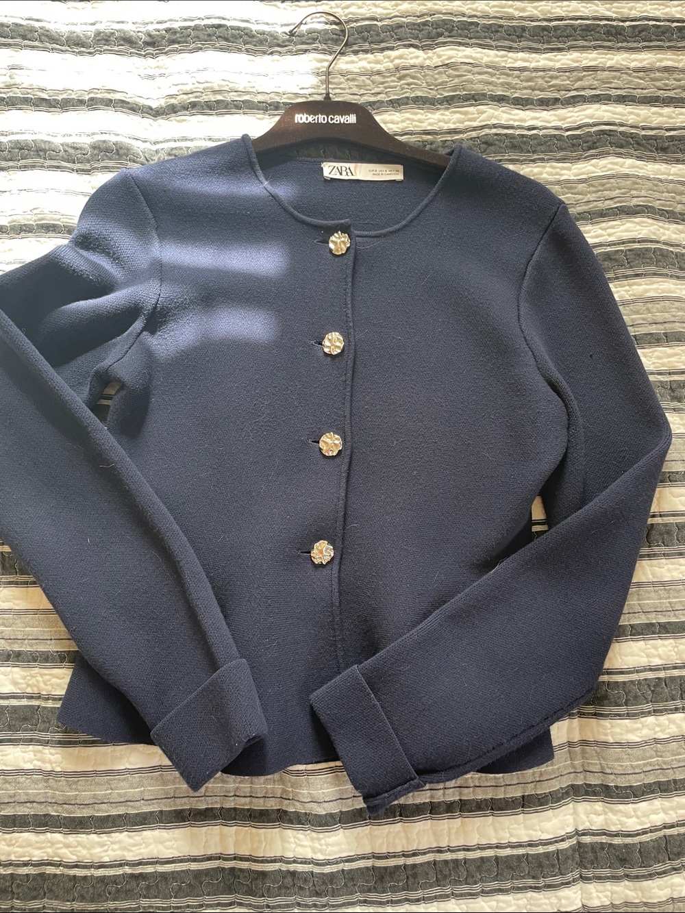 Zara Navy Button-Front Knit Cardigan with Gold-Tone Buttons